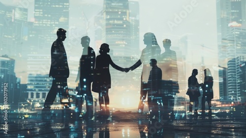 Double exposure shot of silhouettes of business team people and handshake on city background. hyper realistic 