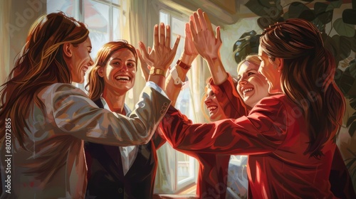 Moment of celebration, with a group of women in a business setting giving each other a high five, all smiling and exuding happiness and a sense of achievement. hyper realistic and natural colors 