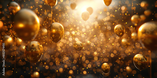 Goldene Luftballons und Kugeln zu Weihnachten Jubiläum und Geburtstag im schönen Gold Bokeh dekoriert Querformat für Banner 