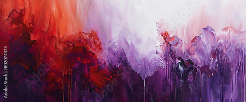 Cascades of fiery red and deep lavender cascading down a pristine white canvas, their vivid hues blending and merging to form an abstract symphony of color and movement.