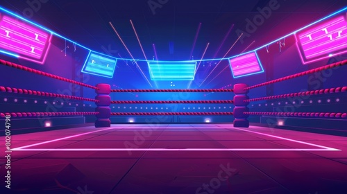 In this clip you can see a cartoon mma ring lit up with neon lights. A modern illustration of the arena, which can be used for sports competitions, wrestling matches, or night shows, with empty seats