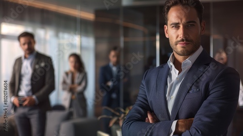 Handsome business CEO executive business man with arms crossed standing in office with colleagues in the background. hyper realistic and natural colors 