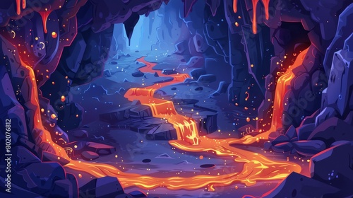 A fantasy cave with a hot lava river. Modern illustration of a rocky mountain landscape with red and orange magma flowing between stone walls and splashing. Background for a video game featuring a