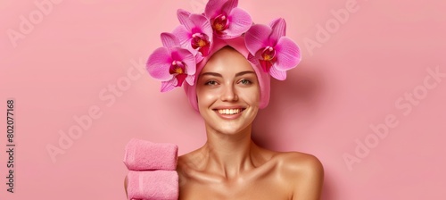 Graceful woman adorned with orchids in hair on soft background with space for text