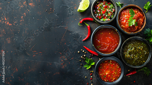 Bowls of tasty salsa sauces on grunge background 