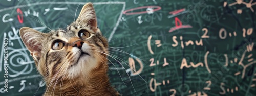 Curious Cat in Front of Math Chalkboard An inquisitive tabby cat gazes upward, surrounded by complex mathematical equations written on a chalkboard. 