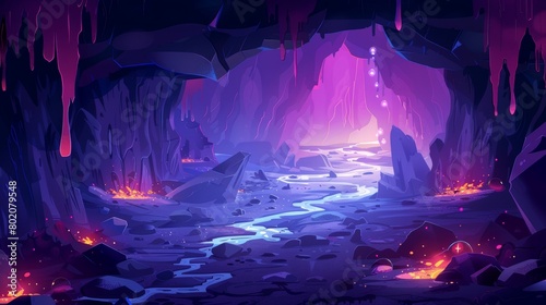 An adventure level in a stone cavern with a path through poisonous river flow with bubbles. A dark toxic cave cartoon game background. Fantasy underground landscape inside a mountain scene.