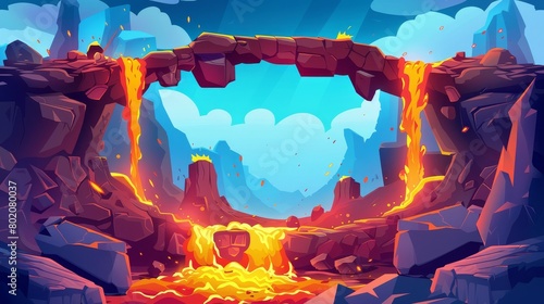 This modern illustration depicts a cartoon volcano cave with lava flowing inside. There is a dangerous stone bridge spanning a hot magma river and boulders on the rocky mountainsides. This is a