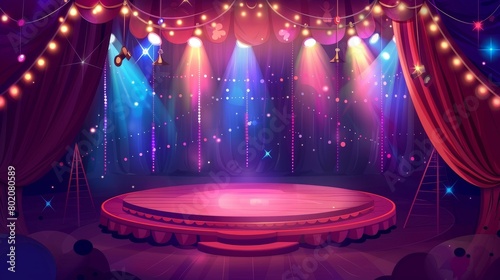 Animated circus cartoon stage on ring modern background. Carnival tent with round arena scene, amusement show. Red theater curtain with podium and spotlight image. Vintage marquee with perform