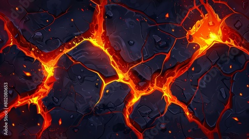 An image of volcano lava crack texture isolated on dark background with magma glow. Cracks in earth with orange burn element on hell floor surface.