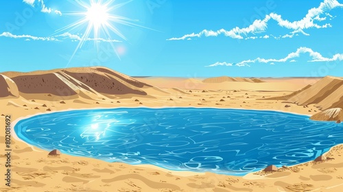 The desert landscape with lake water modern background. The empty oasis pond hole in the drought Africa Sahara panorama. The Egyptian sand, nature hills, game scene with waterhole and sun beam.