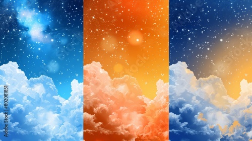 Seamless set of morning, night, sundown sky seamless textures with fluffy white clouds, stars shimmering in dark space, and orange dawn clouds. Modern illustration of day, evening background.