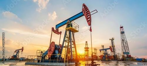 Scenic view of operational oil pump during drilling at sunset with colorful sky in the background