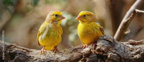 Two young canaries resting on a dry tree trunk. This bird has the scientific name Serinus canaria.