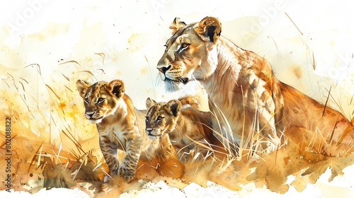 Watercolor Illustrate the bond between a lioness and her cubs as they playfully romp in the grass