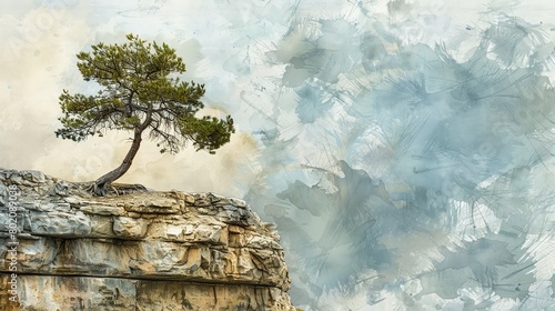 Watercolor Illustrate the resilience of a lone tree clinging to a rocky cliff, its roots anchored firmly in the earth