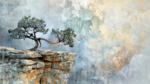 Watercolor Illustrate the resilience of a lone tree clinging to a rocky cliff, its roots anchored firmly in the earth