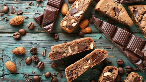 Composition with tasty biscotti cookies, chocolate, almonds and coffee beans on color wooden background, closeup