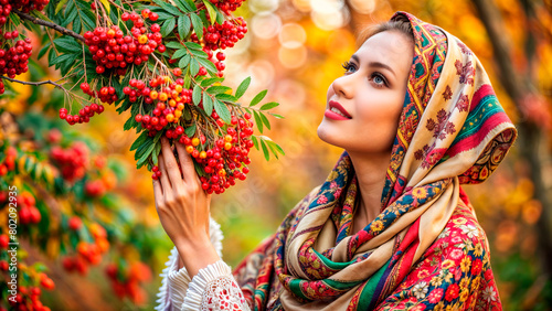 Portrait of a beautiful woman on the background of a rowan tree