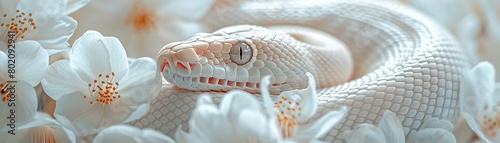 A mesmerizing and otherworldly image of a furry white python head surrounded by a bouquet of white flowers 8K , high-resolution, ultra HD,up32K HD