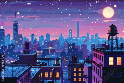 A pop art rooftop view of a city at night, twinkling lights, bold outlines, and a stylized water tower