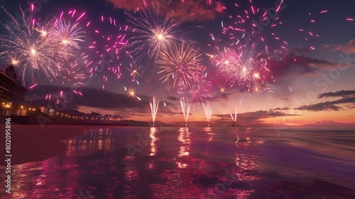 A beachside fireworks display celebrating a summer festival.