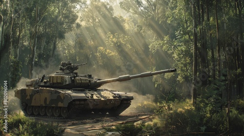 An Military tank M1 Abrams positioned defensively at the edge of a forest, its gun turret aimed into the dense trees