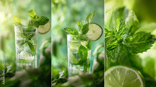 Collage of fresh classic mojito cocktail 