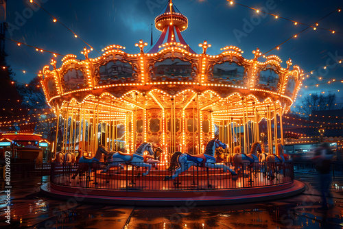 Carousel at Night in the Rain, To convey a sense of nostalgia and fun, capturing the essence of a classic amusement park ride on a rainy night