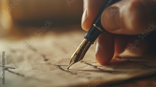 A close-up of a hand writing a heartfelt letter with a fountain pen.