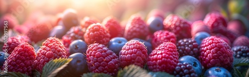 Panoramic horizontal composition captures fresh organic seasonal berries basking in the gentle morning light, ideal for advertisements promoting healthy, natural, and vegetarian dietary choices