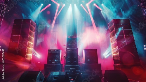 A picturesque view of a music festival stage, its towering speakers and vibrant lighting creating an immersive atmosphere on Global Beatles Day.