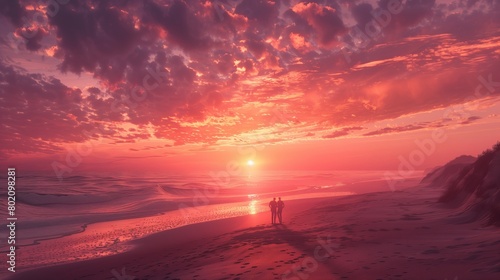 A couple watching the sunset from a secluded beach, with the sky ablaze in shades of pink and orange.