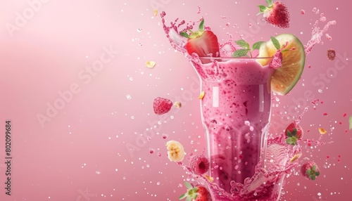 A splash of smoothies on a technological background merges taste with techsavvy lifestyle choices, Cinematic Look Sharpen banner background concept 3D with copy space