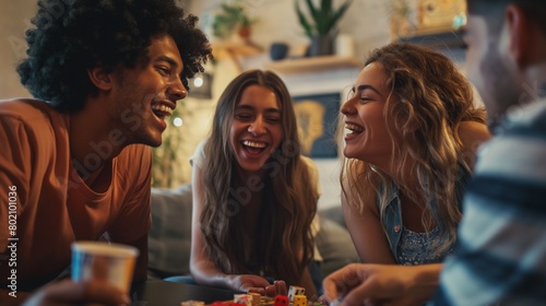 A group of friends enjoying a board game night, with snacks and laughter.