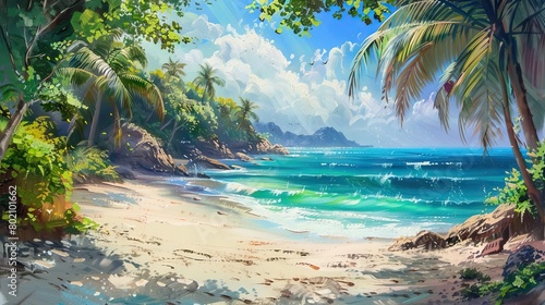 tropical island with palm trees ilustration color painting cartoon