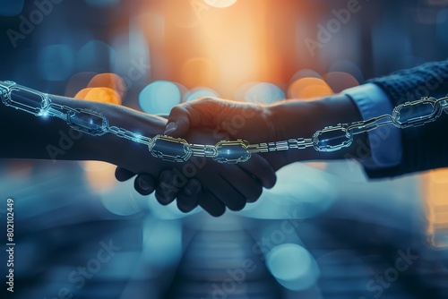 Merging AI with blockchain promises unprecedented security in transaction management, Sharpen close up business hitech concept with blur background