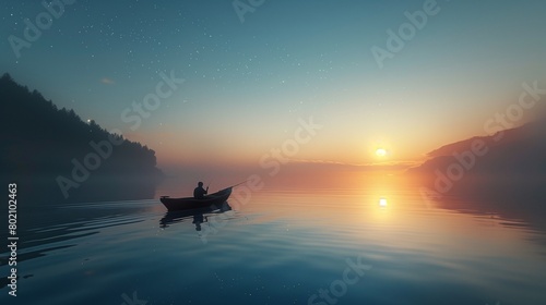 A lake fishing trip with a person in a boat at dawn.