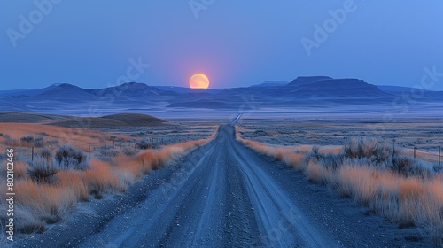 Tranquil image of a long, deserted road at dusk stretching into the horizon of the north american wastelands, capturing the essence of travel and solitude under a vast sunset sky