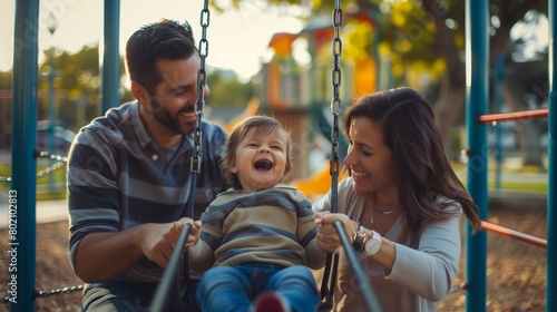 A mother and father pushing their giggling toddler on a swing set at the playground.