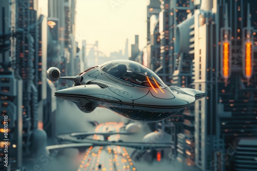 Showcasing a weird, closeup cyber concept, a hybrid vehicle flies over futuristic skyscrapers, Sharpen Cinematic tone with blur background and no text, logo brand in photo