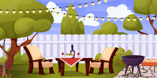 Home backyard with trees and furniture. Cartoon exterior and landscape, trees and bushes. Vector illustration EPS10