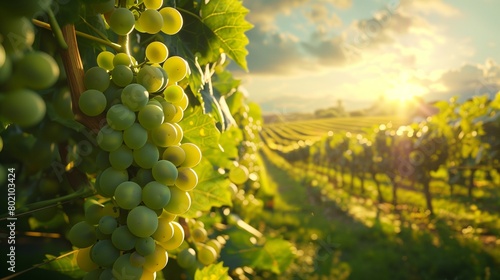 A panoramic view of a vineyard with ripe grapes under the summer sun.