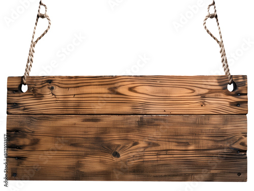 Empty wooden signboard with a natural pattern, hanging by a frayed rope, isolated on a white background.