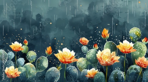 The image shows a desert scene with cacti and flowers. It is raining lightly and the ground is wet.