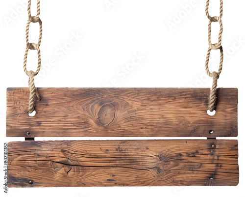 Rustic wooden sign hanging from knotted ropes isolated on a white background.