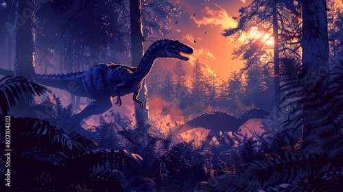 A pack of Allosaurus hunting in the forest at sunset.