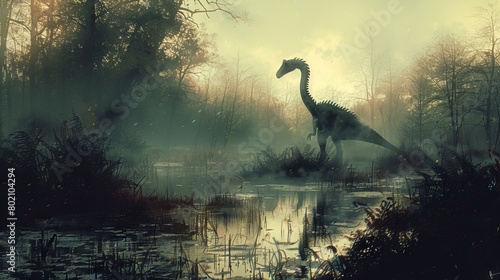 An eerie scene of a Therizinosaurus wandering through a foggy swamp
