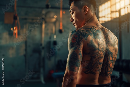 Determined Asian MMA Fighter in Gym Light