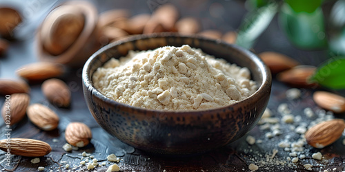 Full ground almonds wooden bowl diet gluten grain flour healthy food ingredient fresh almonds with flour nonwovens pouer